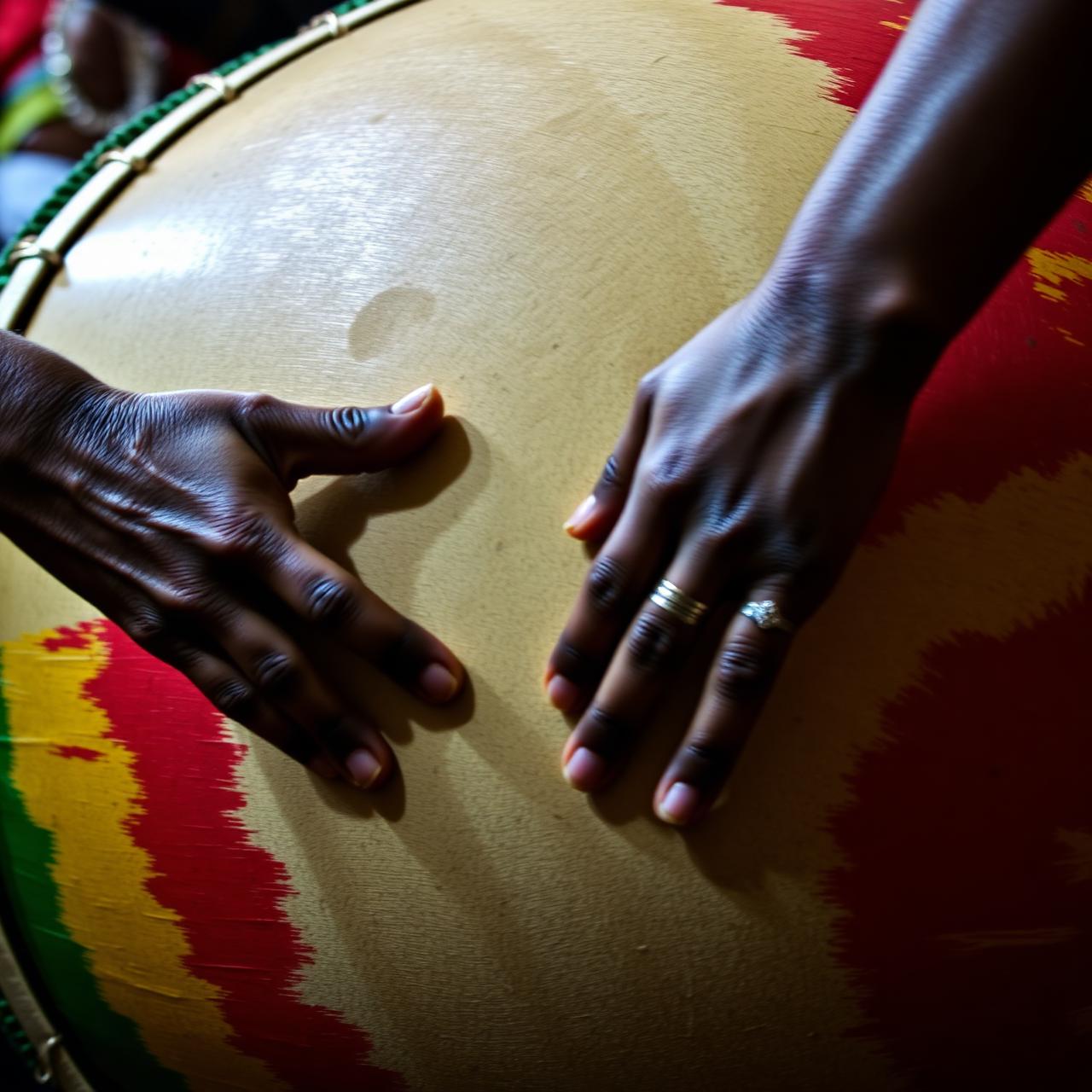 Mãos sobre o surdo nas cores pan-africanas